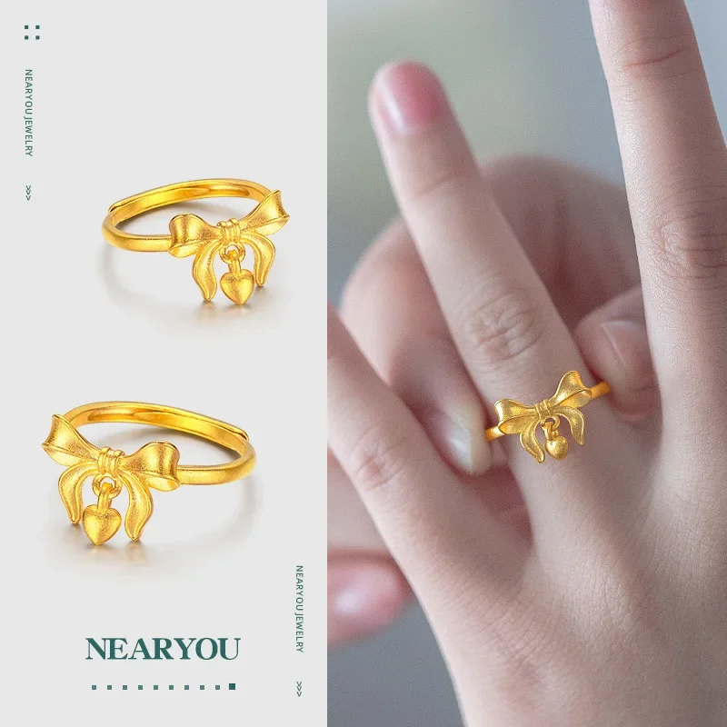 9999 Real Gold 24K Vitality Girl Cute Sweet Wind Butterfly Love Little Girl Ring, Niche Fairy Fugitive Princess Ring