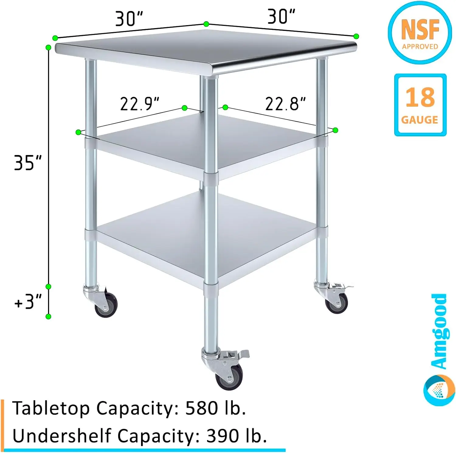 Mesa de trabalho Amgood em aço inoxidável com 2 prateleiras e rodízios |   Mesa utilitária de metal sobre rodas (mesa de trabalho em aço inoxidável com 2