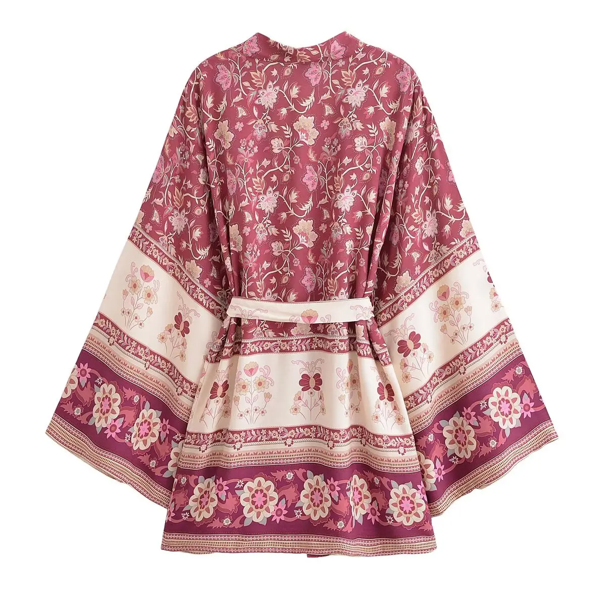 2022 BOHO Women Contrast Flower Print Kimono Shirt Holiday Tide Bow Sashes Mid Long Cardigan Summer Blouse Cotton Beach Tops