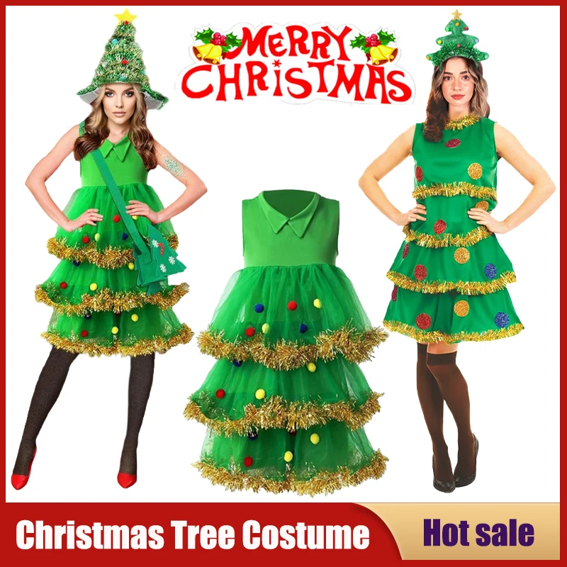 

Green Christmas Tree Cosplay Costume Adult Sleeveless Green Elf Dress Xmas Tree Fairy Outfits Santa Claus Carnival Party Prop