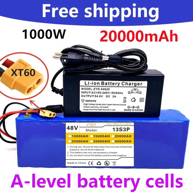 2024 48V 40000mAh 1000W 13S3P XT60 18650 Lithium Battery Pack 40AH for 54.6V E-bike Electric Bicycle Scooter with BMS+charger