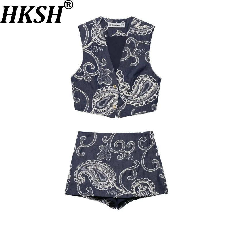 

HKSH Summer New Women High Street Elegant Sexy Fashion V-neck Single Breasted Embroidery Vest Casual Short Skirt Culottes HK7617