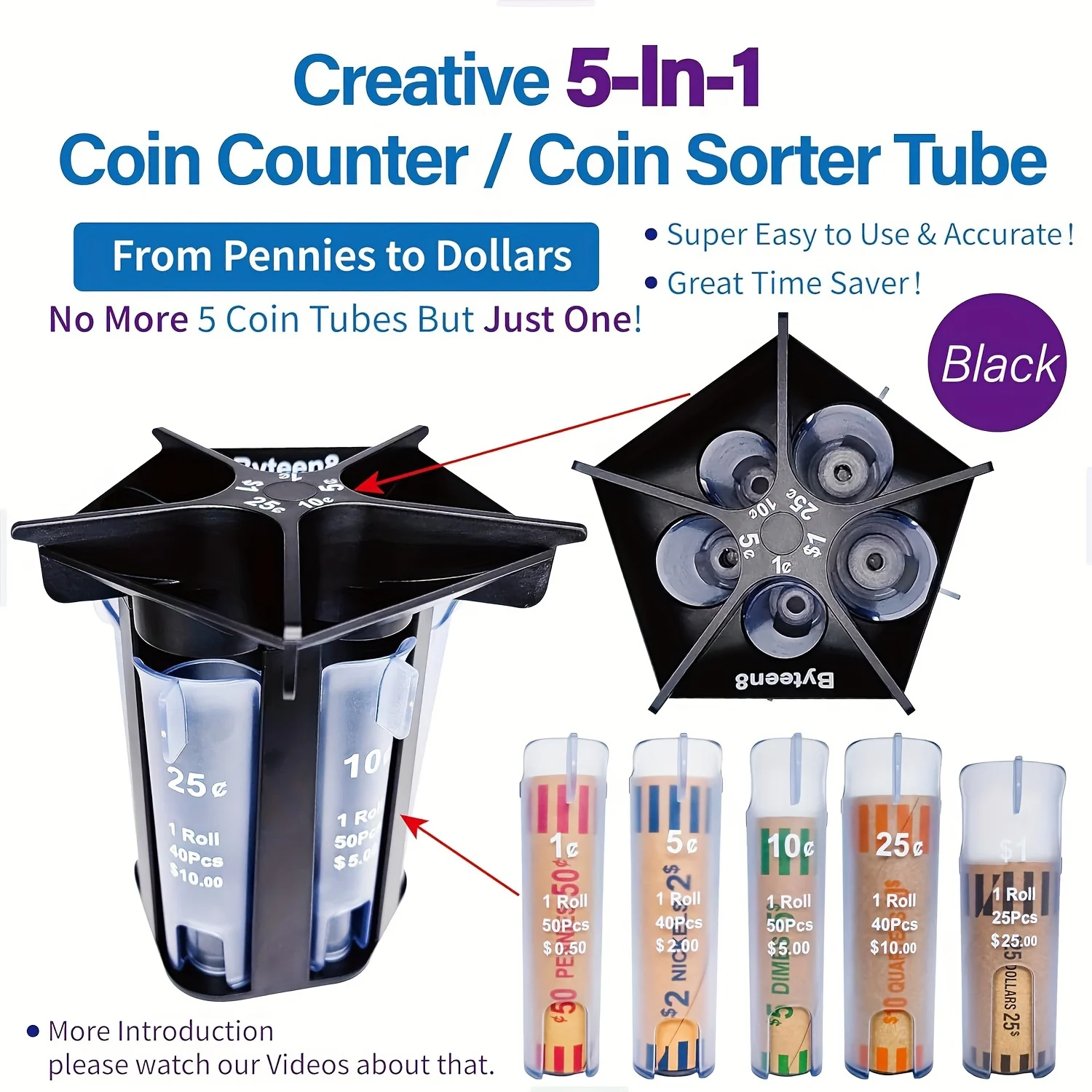Coin Sorter Tube Coin Counter with Coin Wrappers,5-IN-1 Change Sorter Change Counter Machine, Coin Organizer Coin Holder
