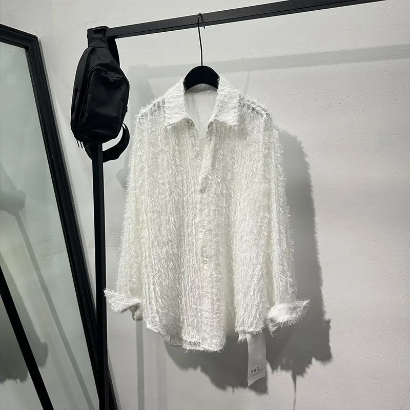 Black Long Sleeve Men's Shirt with Tassel Design High-End Hollow Fashion, Loose Fit, Trendy Personality Shirt