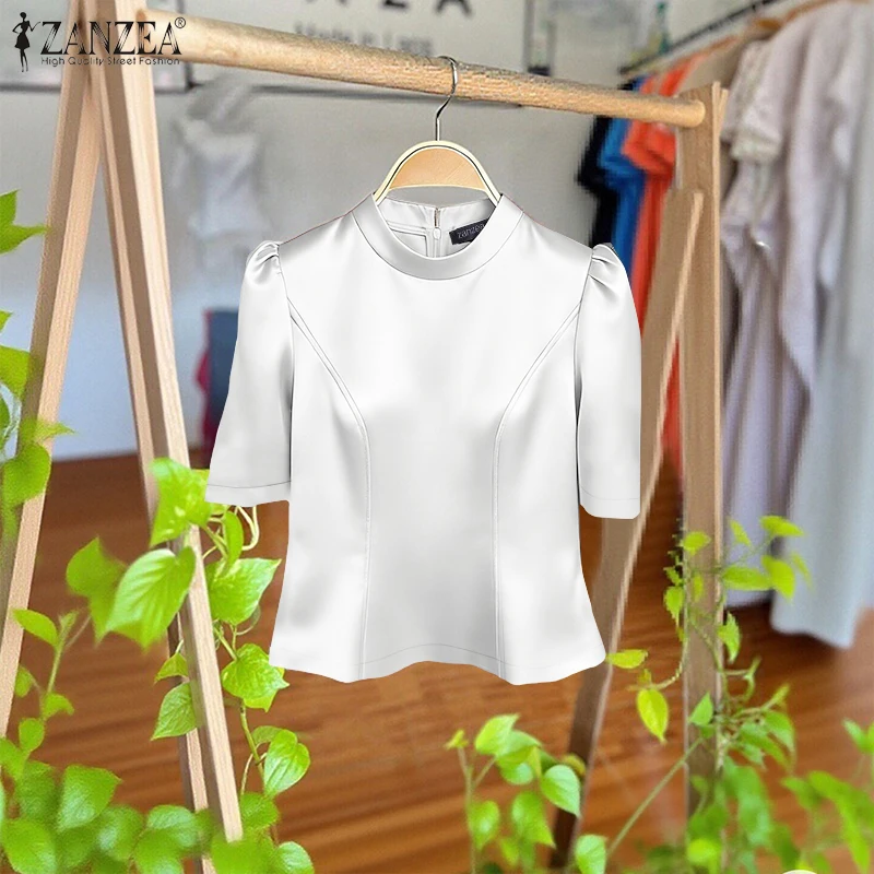 

2026 ZANZEA Летняя элегантная атласная блузка с воротником-стойкой и коротким рукавом для офиса, стильная однотонная рабочая рубашка для женщин, приталенная модель