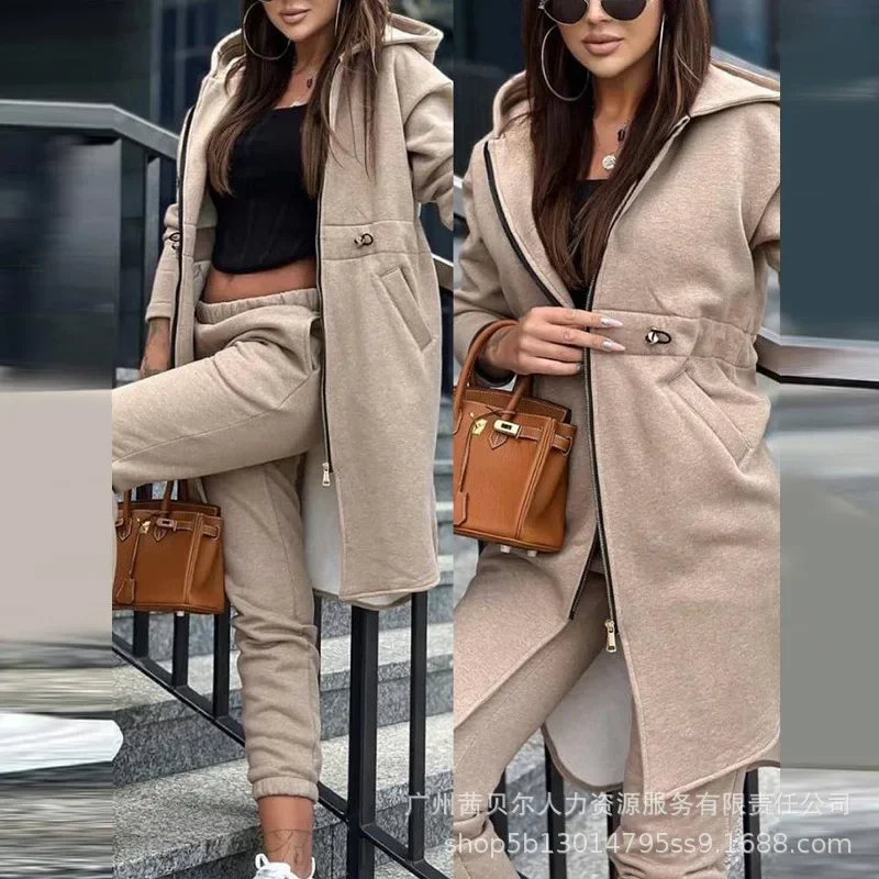 Zipper Longline Hooded Coat & Cuffed Pants Set Women Tracksuit 2 Piece Set Sweatshirts Hoodies Jacket Pants Suit Trouser Outfits