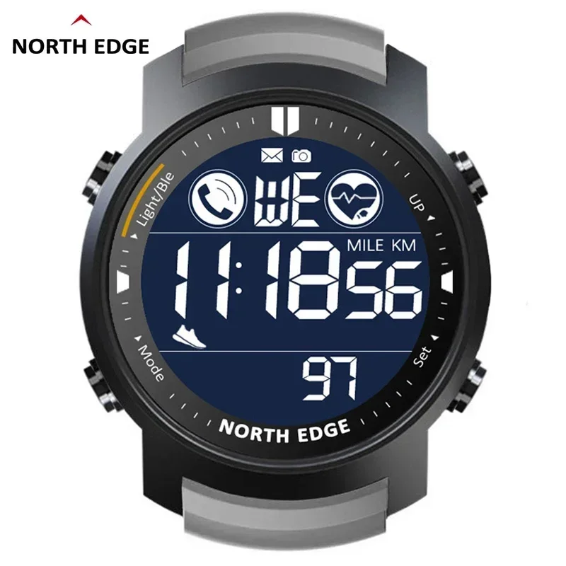 NORTH EDGE Men\'s Digital Watch Military Waterproof 50M Running Sports Pedometer Stopwatch Watch Heart Rate Wristband Android IOS