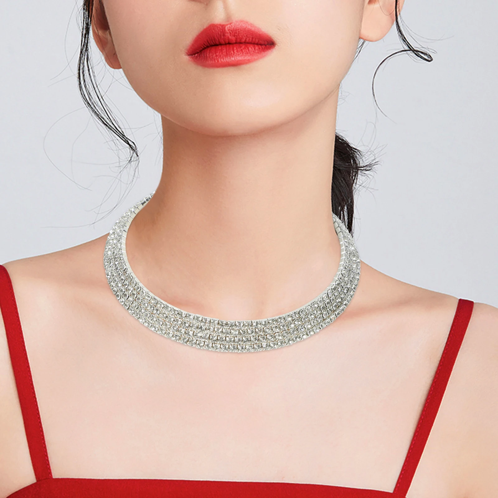 

1Set Women Jewelry Set Rhinestone Bridal Necklace Earrings Ring Bracelet Prom Evening Party Wear Trendy Gift for Her Valentine