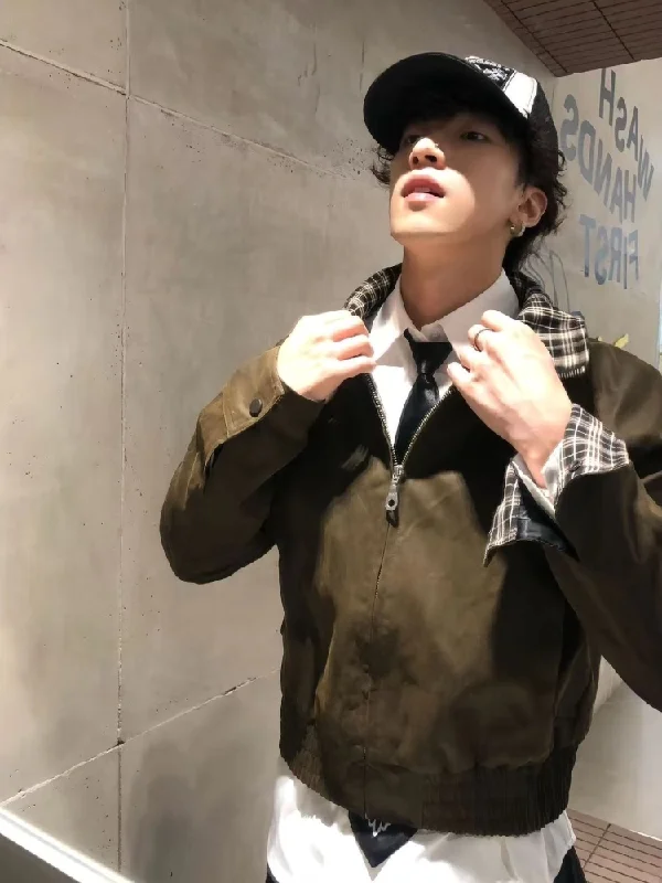 

Vintage American Retro Deep Brown Men's Jaet Spring Autumn Plaid Splicing Collar Zipper ort Warm Casual Faion Coat