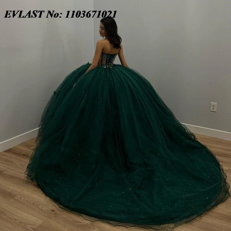 EVLAST-Vestido Quinceanera Verde Esmeralda, Vestido De Baile, Applique De Borboleta, Beading Espartilho Grande Arco, Sweet 16, XV 15, 15 Anos, SQ27