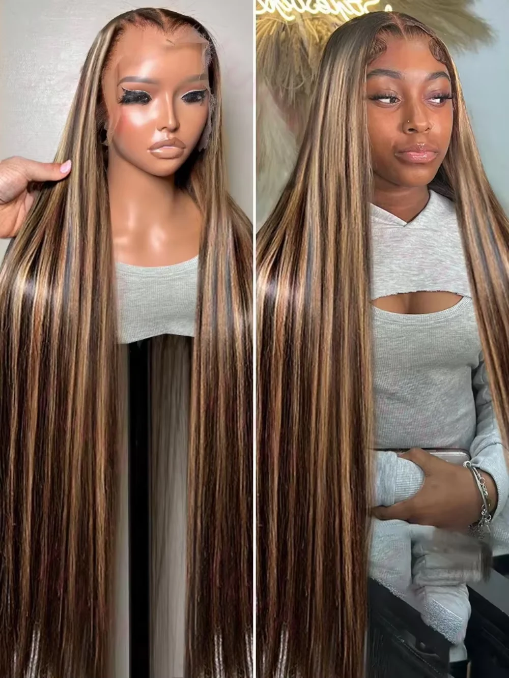 

Long Wigs 50 52 Inches P4 27 Highlight Colored Straight Full Frontal 13x6 HD Transparent Lace Front Remy Human Hair 200 Desnity