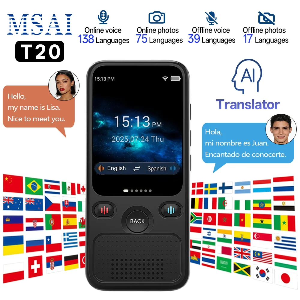 

Устройство для перевода языков MSAI Mini с поддержкой 160 языков, онлайн и офлайн перевод, перевод фото и голоса в реальном времени для путешествий и бизнеса