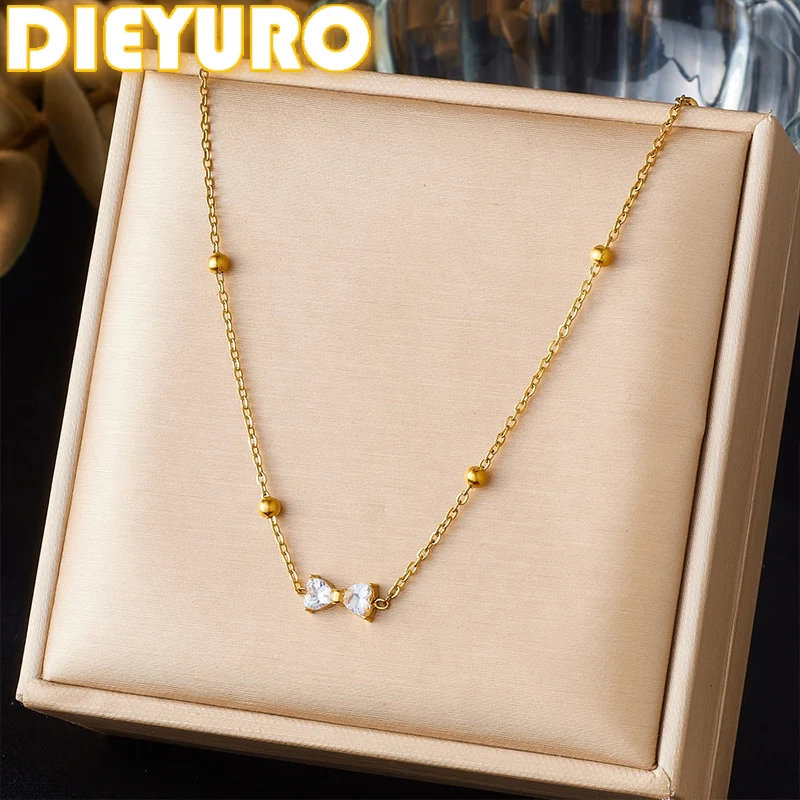 DIEYURO 316L Stainless Steel Simple Bowknot Inlay Zircon Golden Ball Necklace For Women Fashion Waterproof Neck Chain Jewelry