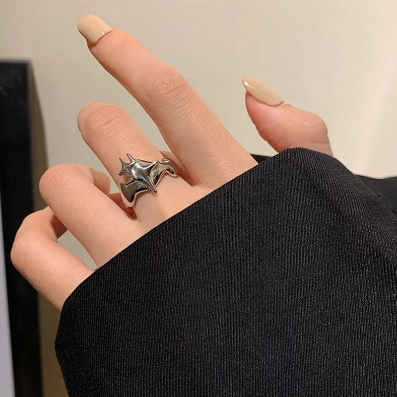 Punk Harajuku Goth Dornen Schwarz Silber Farbe Unregelmäßige Herz Kreuz Offenen Ring Für Frauen Männer Liebhaber Vintage 90er Jahre Y2K Grunge Jewely