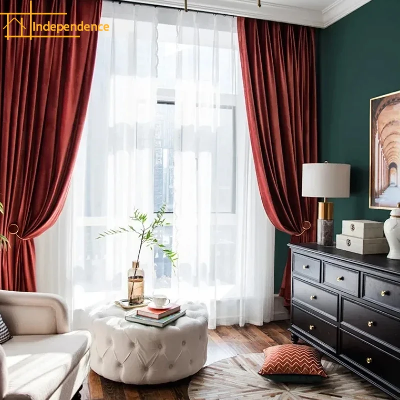 Nordic Curtains for Living Dining Room Bedroom Luxury Velvet Fabric Burgundy Thick Curtains Tulle Finished Product Customization