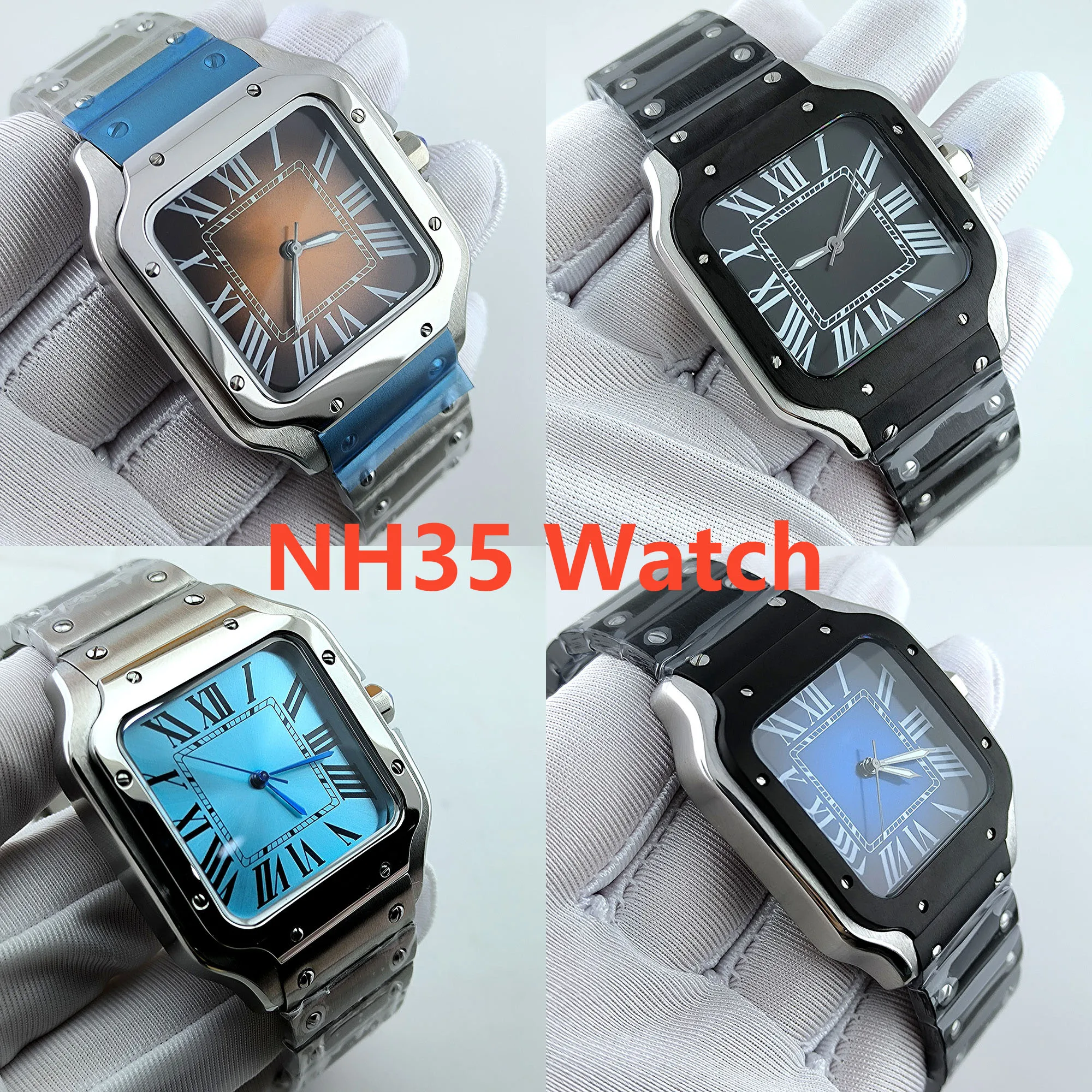 NH35 Watch No logo dial Square Dial Roma/Arabic Dial Watch Case Folding Buckle Square Case fit NH35 NH36 movement Watch