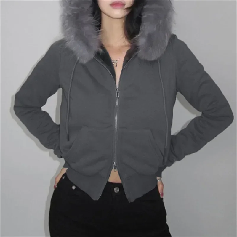 2025 New Vintage Dark Streetwear Hoodies Faux Fur Collar Double Zip Hooded Coats Women Pocket Gothic Jackets Y2K Grunge Cardigan