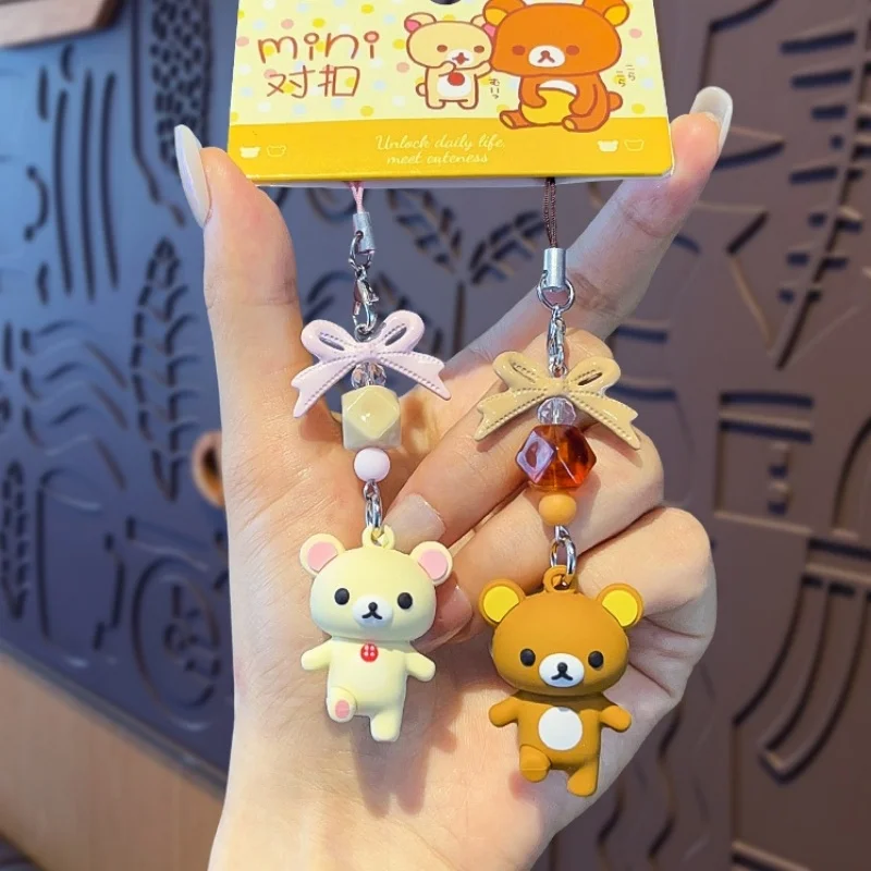 Cute Rilakkuma Korilakkuma Keychain Bowknot Beading Pendant Cartoon Car Keyring Phone Case Anti Lost Rope Pendant Gift for Women - view 6