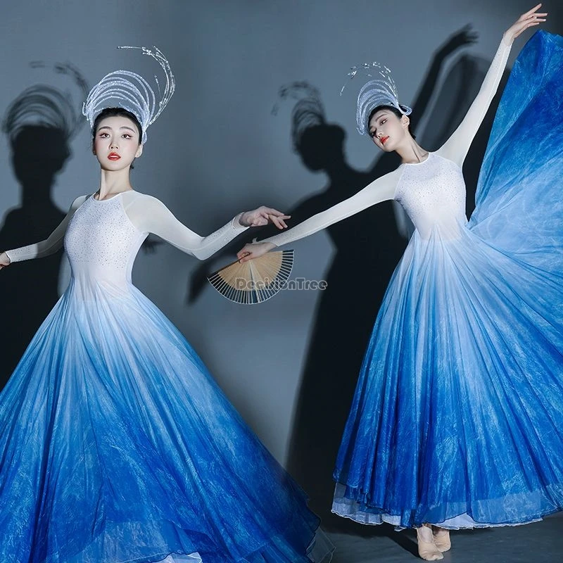 2024 modern dance chinese style classical dance costume elegant color gradient slimming big hemline long sleeve dance dress w790