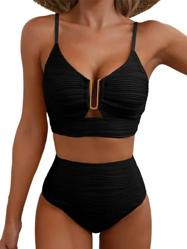 Bikinis con aros en U para mujer, traje de baño de cintura alta, traje de baño unicolor, ropa de playa para mujer, bañadores de verano, traje de baño XXL 2025