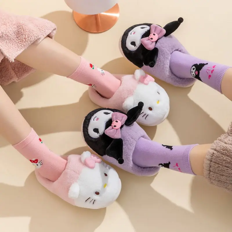 Anime Sanrios Kuromi Meisjes Katoenen Slippers Kawaii Hello Kittys Kids Herfst Winter Slippers Warm Thuis Non Slip Schoenen Schattig