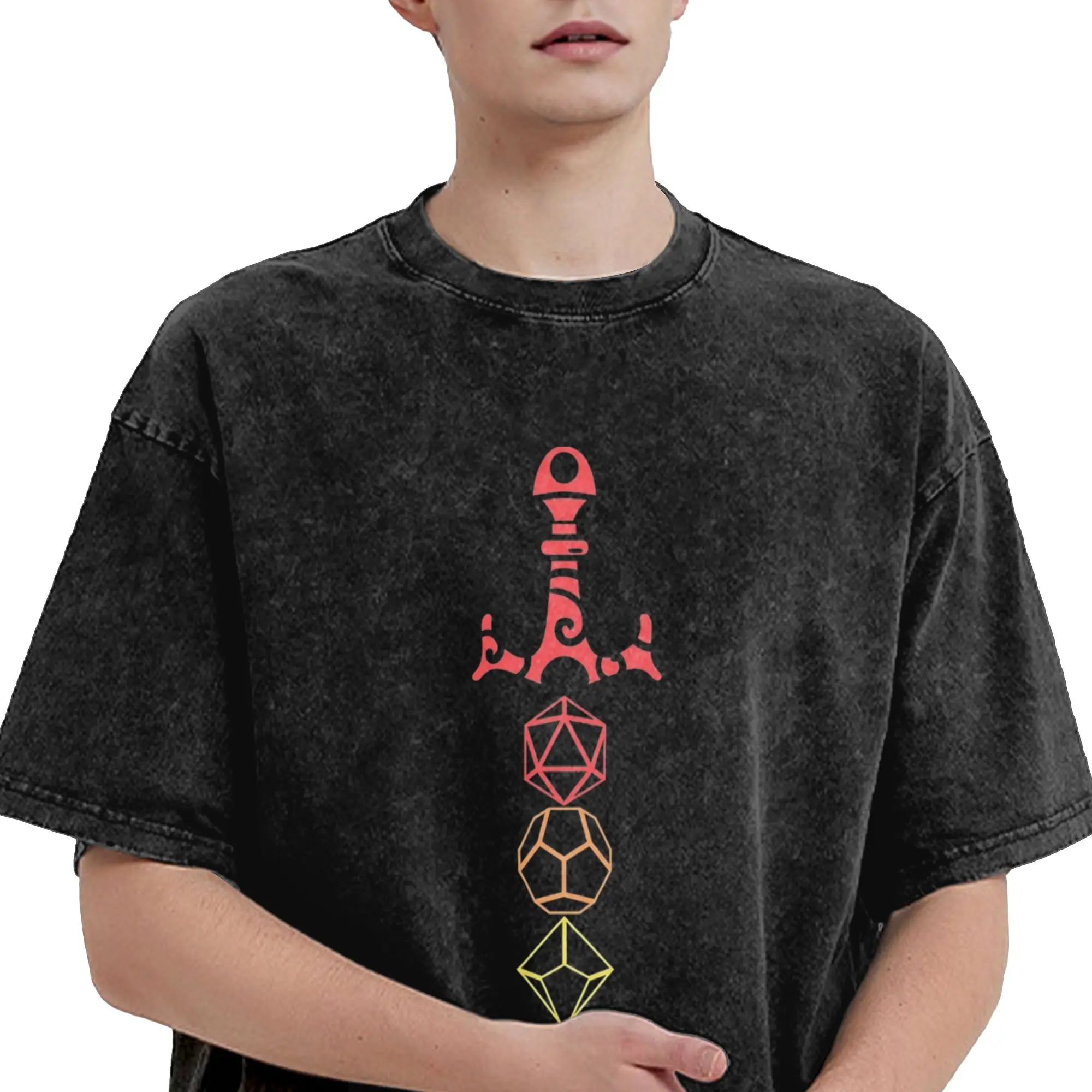 Game DnD Rainbow Dice Sword T Shirt Washed Short Sleeve Harajuku T-Shirts  Vintage Men Women Tops Streetwear Summer Tees