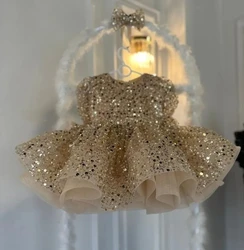 Luxurious Glitter Lush Girl Party Dresses Elegant Fluffy Girl Princess Dress Shiny Pearls luxurious Birthday Wedding Dress Girl