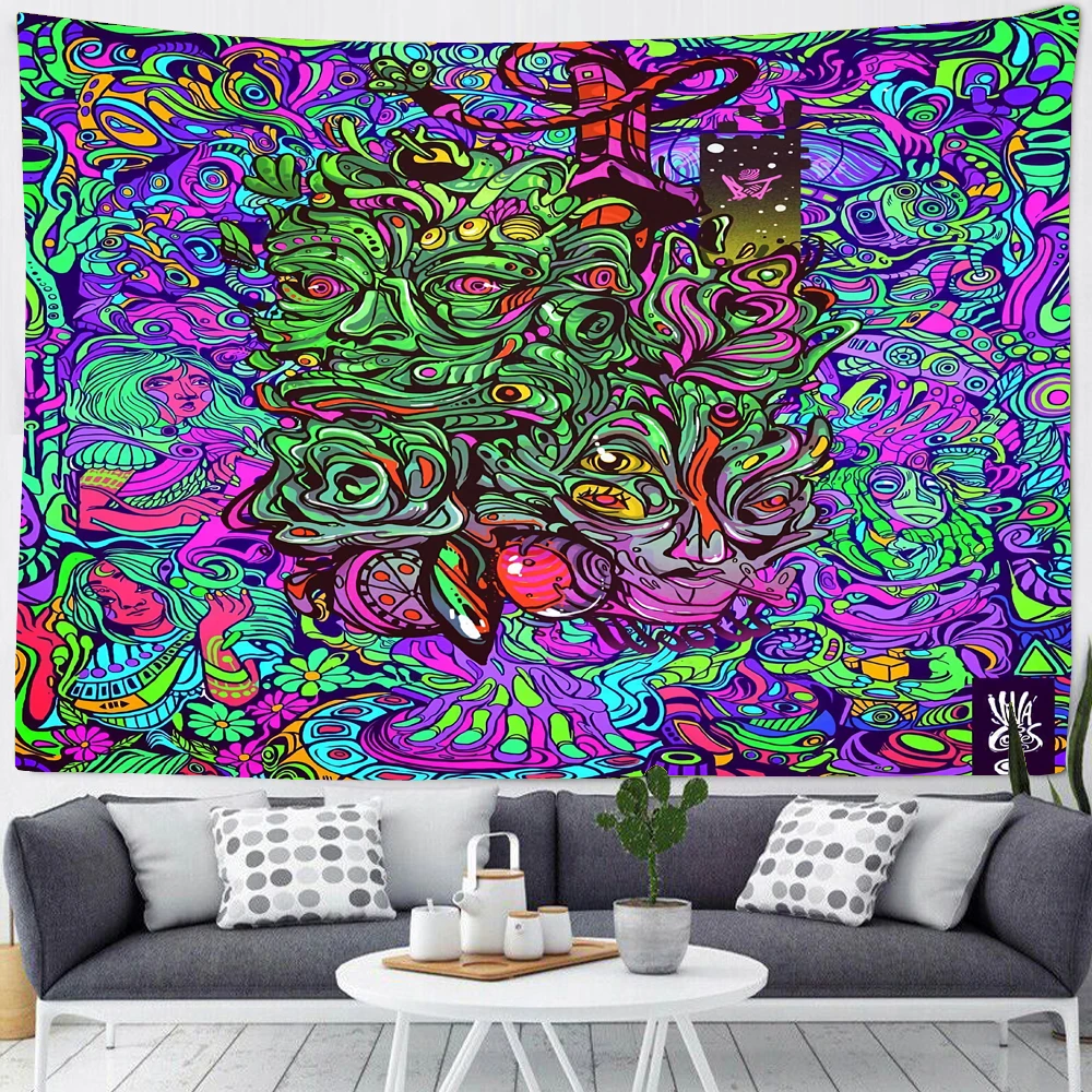 Colorful Psychedelic Witch Tapestry Horror Demon Witchcraft Wall Hanging Living Room Hippie Background Lace Decoration Bedspread