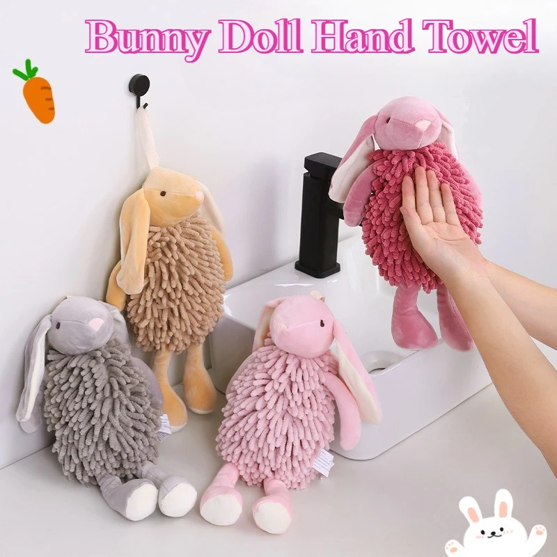 Cartoon Bunny Fuzzy Ball Hand Towels for Kids Soft Absorbent Rabbit Chenille Hand Towel Creative Decorative Towels for Bathroom