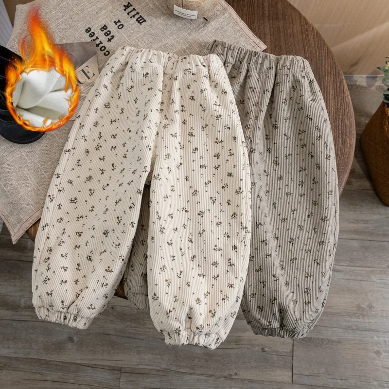 LYY-Girls Baby Fleece-Lined Trousers Autumn and Winter New Thickened Integral Velvet Floral Children Winter Wear Loose Bloomers