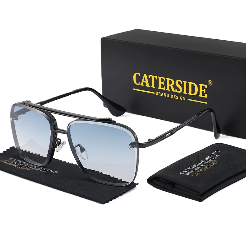 CATERSIDE Retro-Sonnenbrille mit großem Metallrahmen für Herren, flache Oberseite, Doppelbrücke, hochwertige Sonnenbrille für Damen, Party- und Festival-Brillen – Detail 11