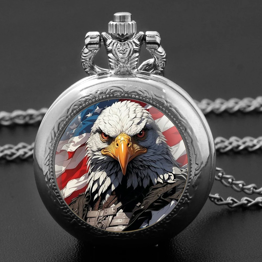 American flag Bald Eagle July 4th Silver Vintage Quartz Pocket Watch Men Women Pendant Necklace Clock Watch Kids Jewelry Gifts