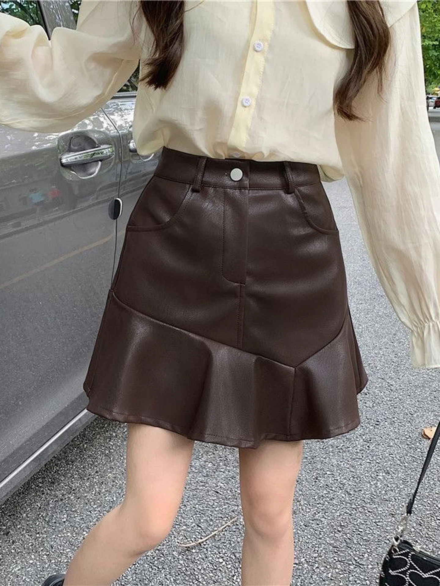 Café Brown Asymmetrical High Waist Fish Tail PU Leather Skirt Women's Autumn New Slim A-Line Short Skirt Half-length Skirts
