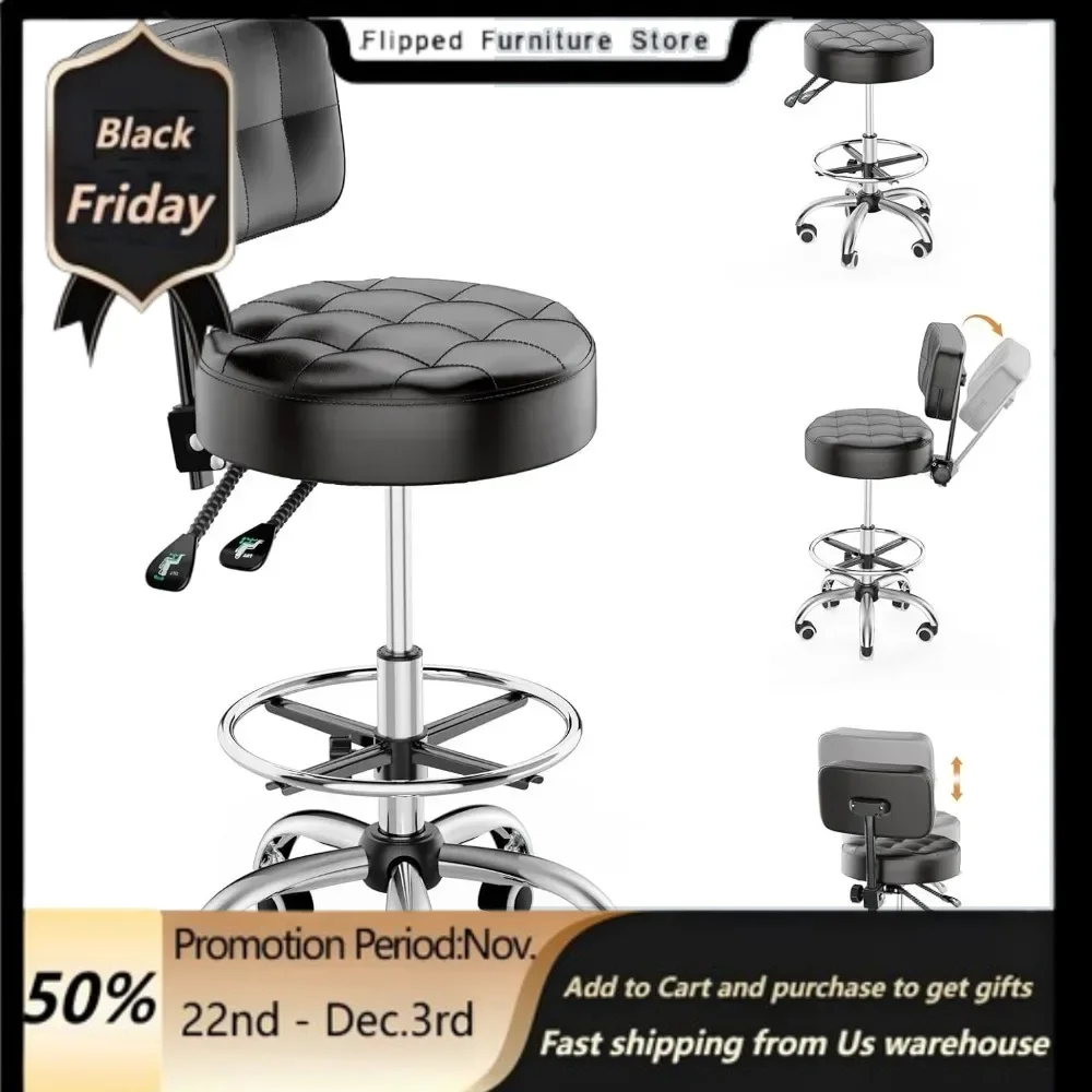 Rolling Stools with Wheels Foot Rest, Backrest Adjustable Height,  Salon Spa Tattoo Massage Office Swivel Stool Chair