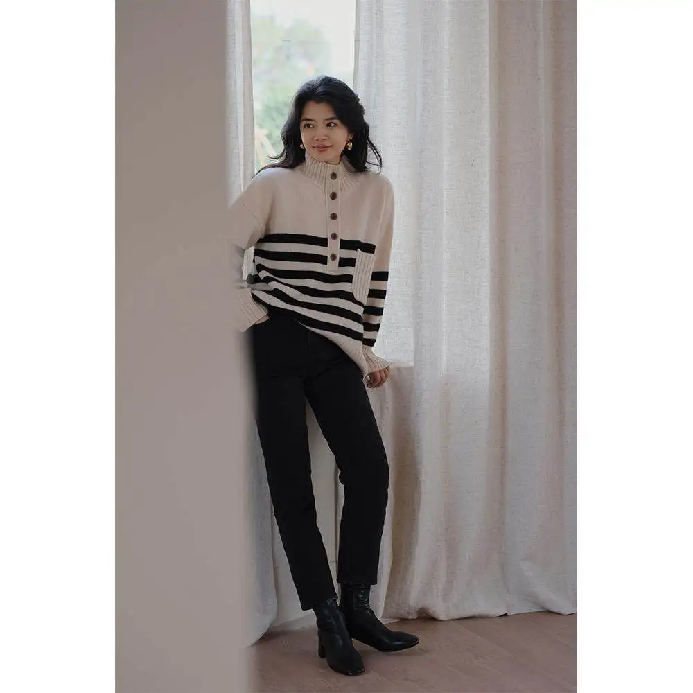 

High-end 100% pure cashmere sweater female striped button half-open pullover sweater half-high collar loose padded cashmere top