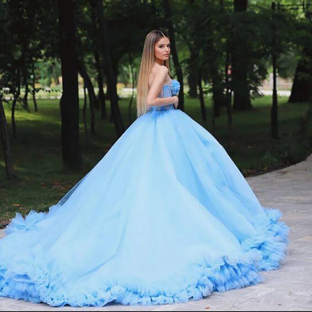 Blue Exquisite Strapless A-Line Evening Dress New Fashion Female Formal Banquet Party Prom Gowns