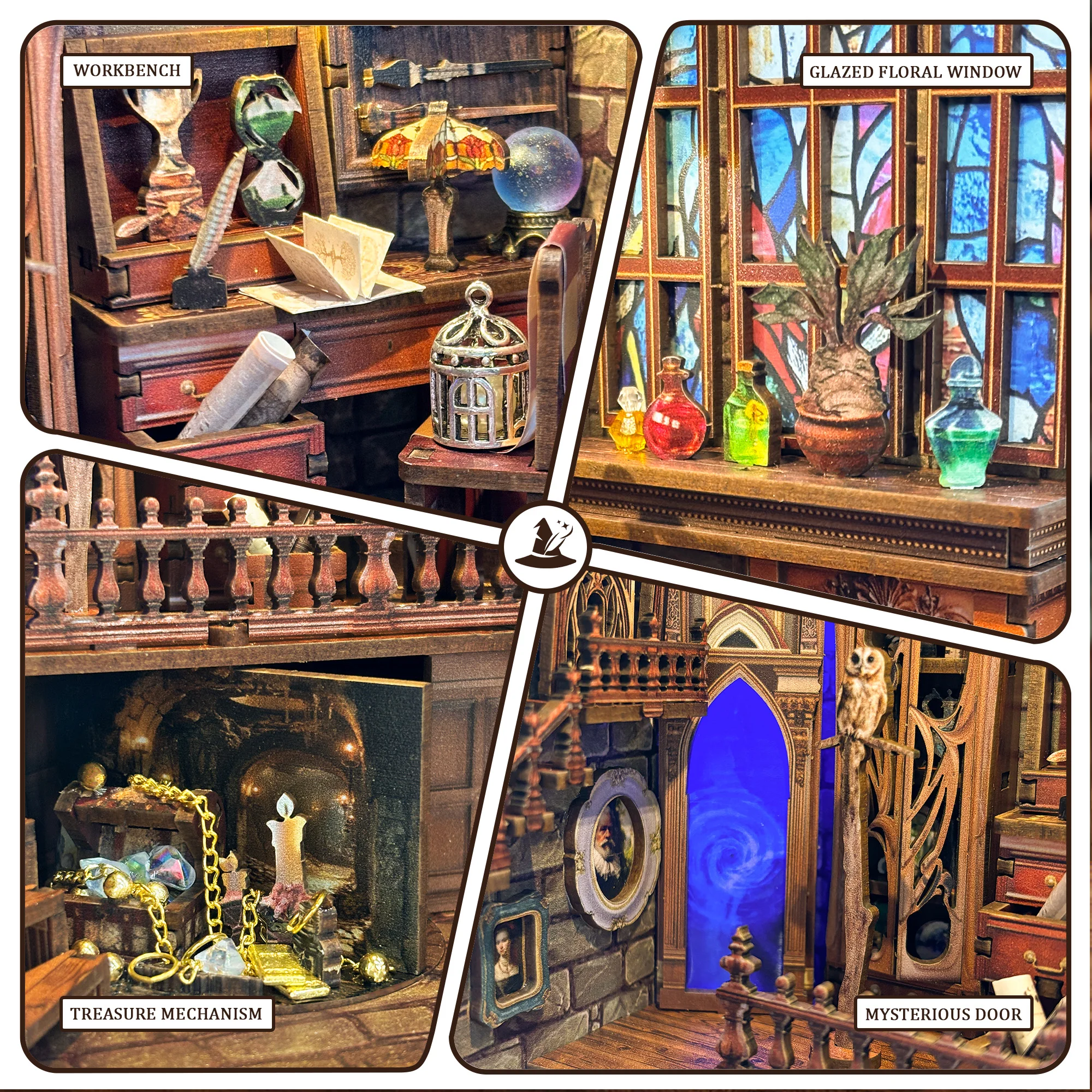 Kit de inserción de estante de rincón de libros de madera, Kits de modelos en miniatura de estudio mágico, estantería con sujetalibros ligero para amigos, regalos de cumpleaños