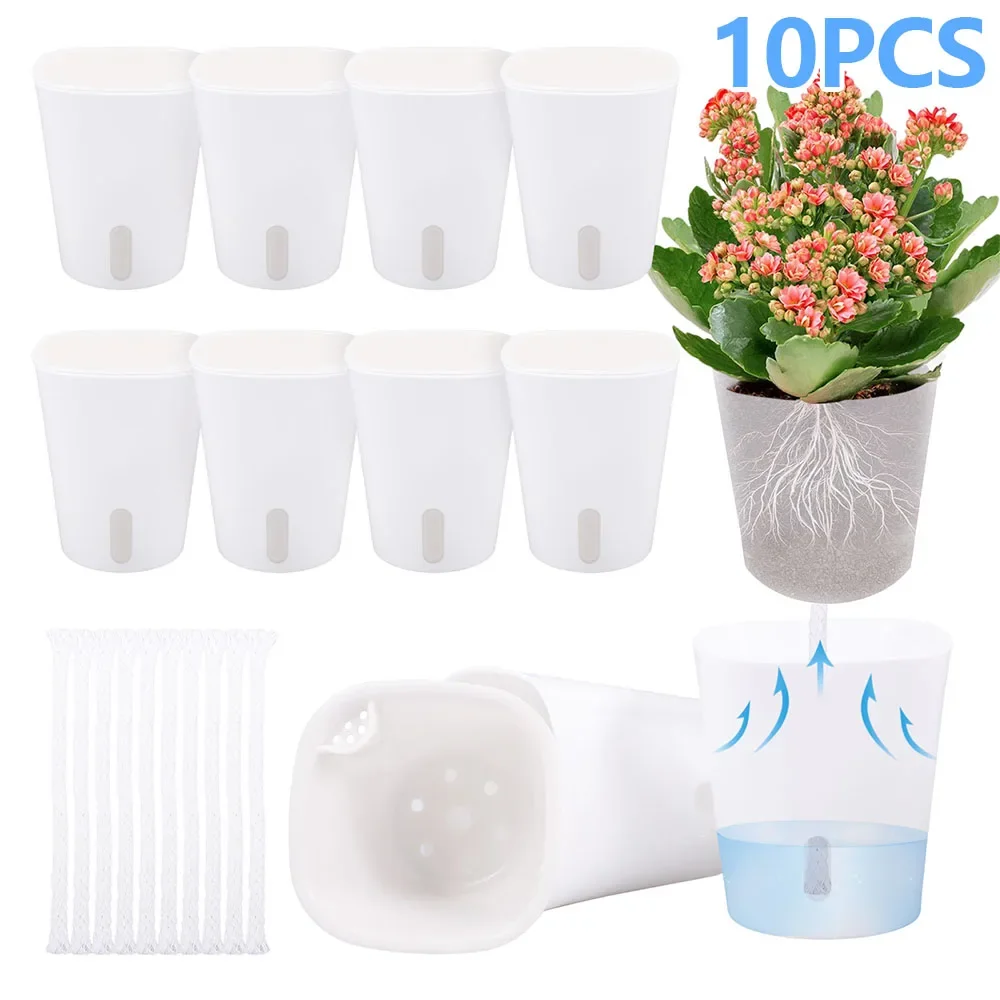 

Набор из 10 самополивающихся цветочных горшков: двухслойные пластиковые кашпо с хлопковым шнуром и полупрозрачной внутренней чашей для садовых растений