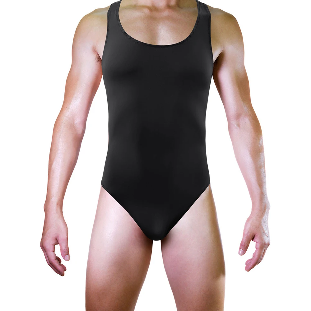 Pakaian pria Bodysuit Jumpsuit Masculina Lingerie seksi Shiny Singlet es sutra Innerwear pakaian dalam Solid bernapas