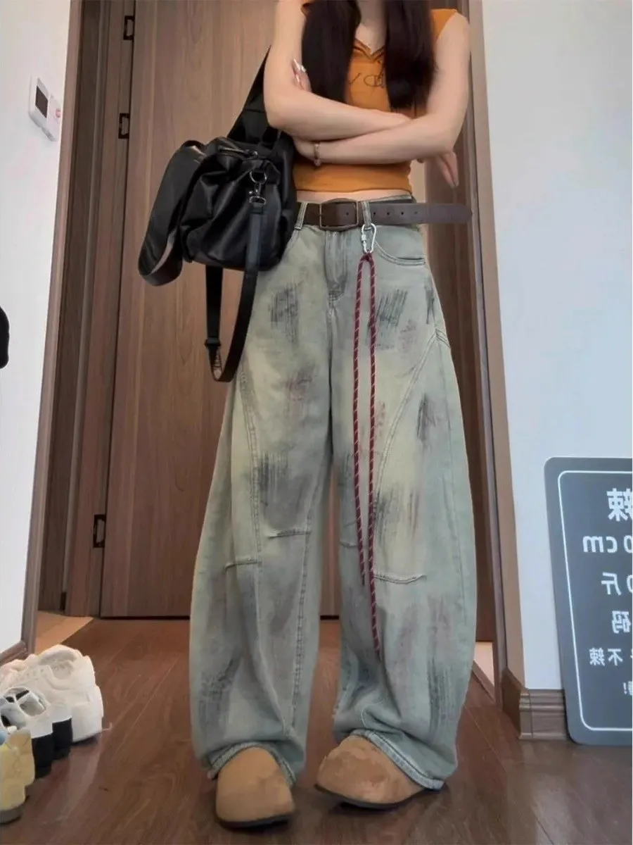 

American Style Vintage High Street Distressed Knife Jeans Women's Loose High Waist Slim Wide Leg Pants