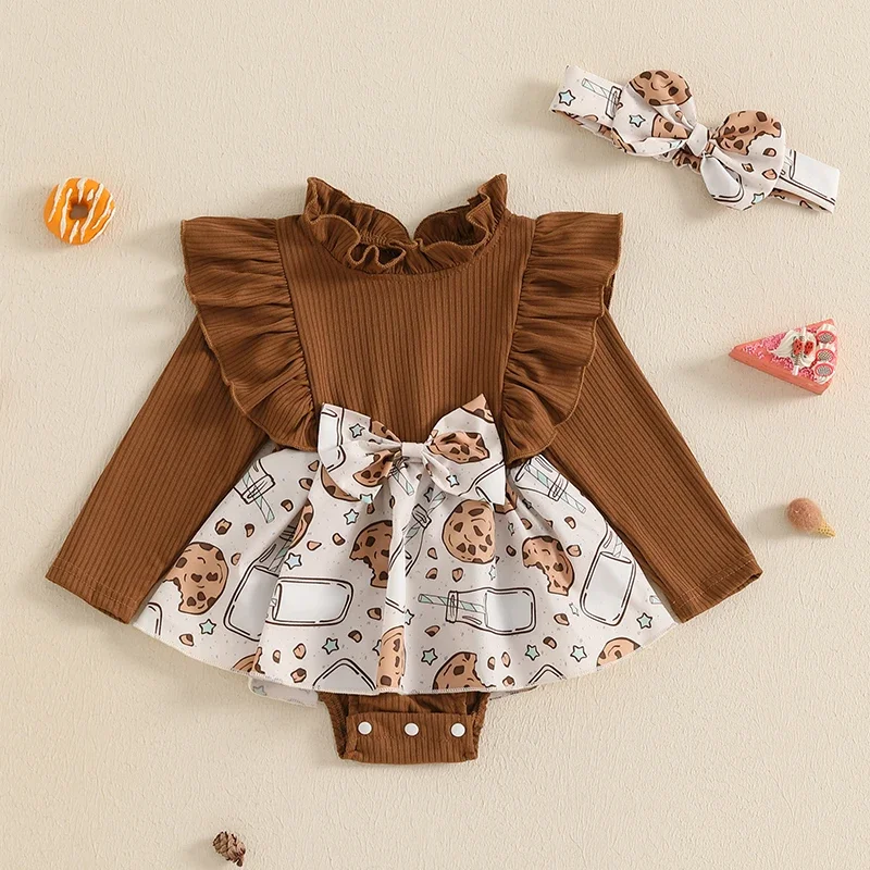 SUNSIOM 0-18 Months Baby Girl Bodysuit Fall Outfit Milk Cookie Print Ruffle Long Sleeve Romper Dress Bow Headband 2 Piece Set