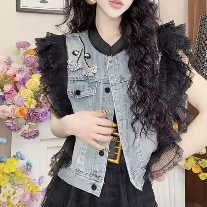 

Новинка 2023 года, весна-лето, тяжелая работа, бриллианты, кружевной джинсовый жилет, женский уличный повседневный свободный джинсовый жилет без рукавов, пальто