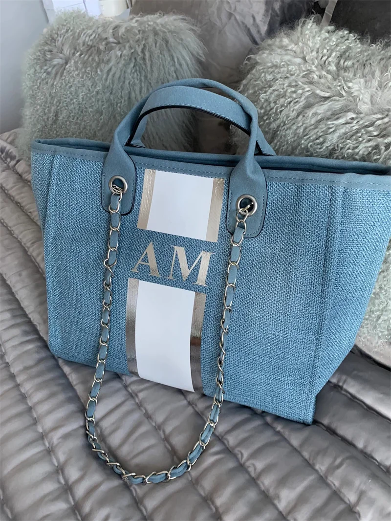 

Personalized Monogram Tote Bag Canvas Customised Blue White Silver Chain Handbag Personalised Stripe Initials Chain Handbag