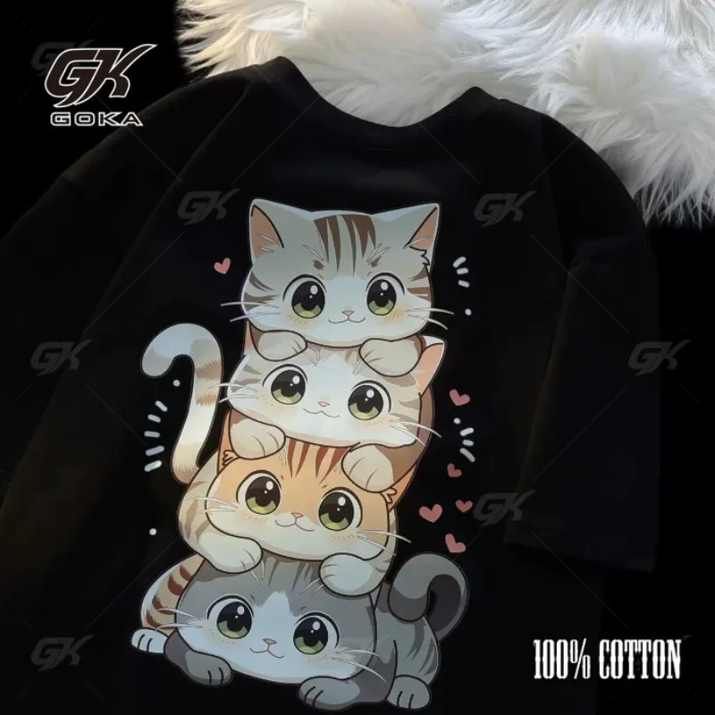 

100% Pure Cotton Cute Cartoon Cat Print Women's Round Neck Short Sleeved T-shirt Casual Loose Versatile Summer Tshirt