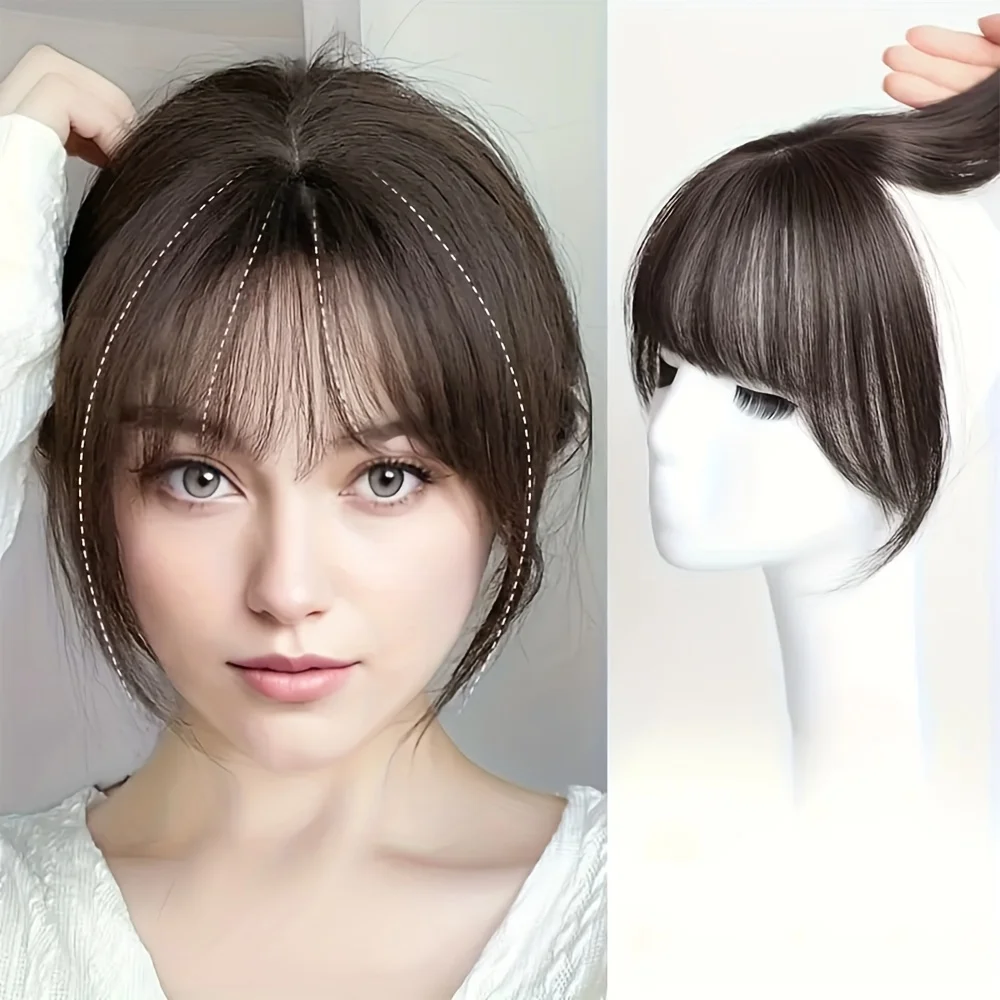 Cobertura de cabelo 3D com queimadura lateral, peruca sintética, extensões de clipe, franja de cabelo falso, acessórios elegantes para mulheres e meninas