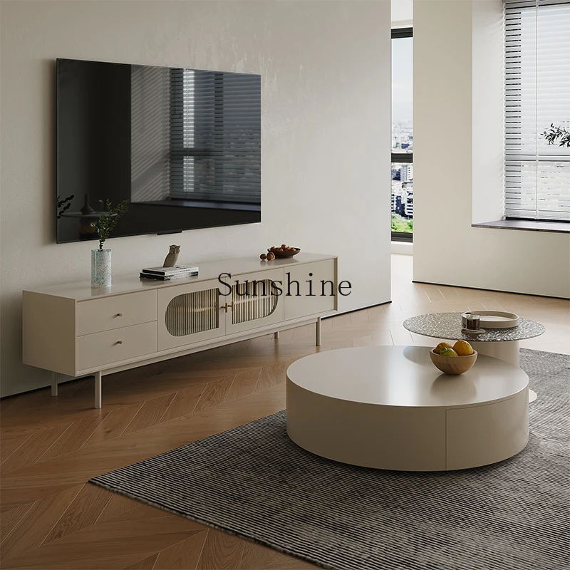 ตู้วางทีวีไม้เนื้อแข็งนอร์ดิกตู้ห้องนั่งเล่นกระจกเรียบง่ายทันสมัย