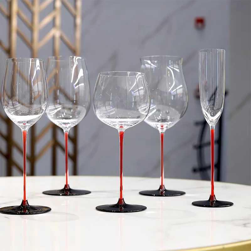 Handmade Perfectly Flawless Original Color Material AA Grade Burgundy Wine Glass Red Stem Black Necktie Bordeaux Red Wine Cup