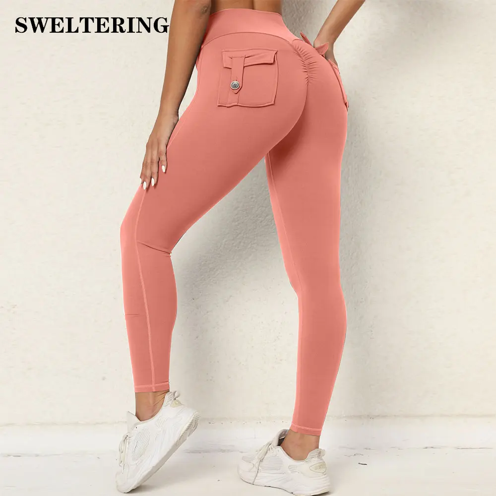 Celana olahraga wanita, Legging Fitness Wanita olahraga saku pinggang tinggi elastis Solid Yoga latihan Gym Jogging cepat kering Push Up