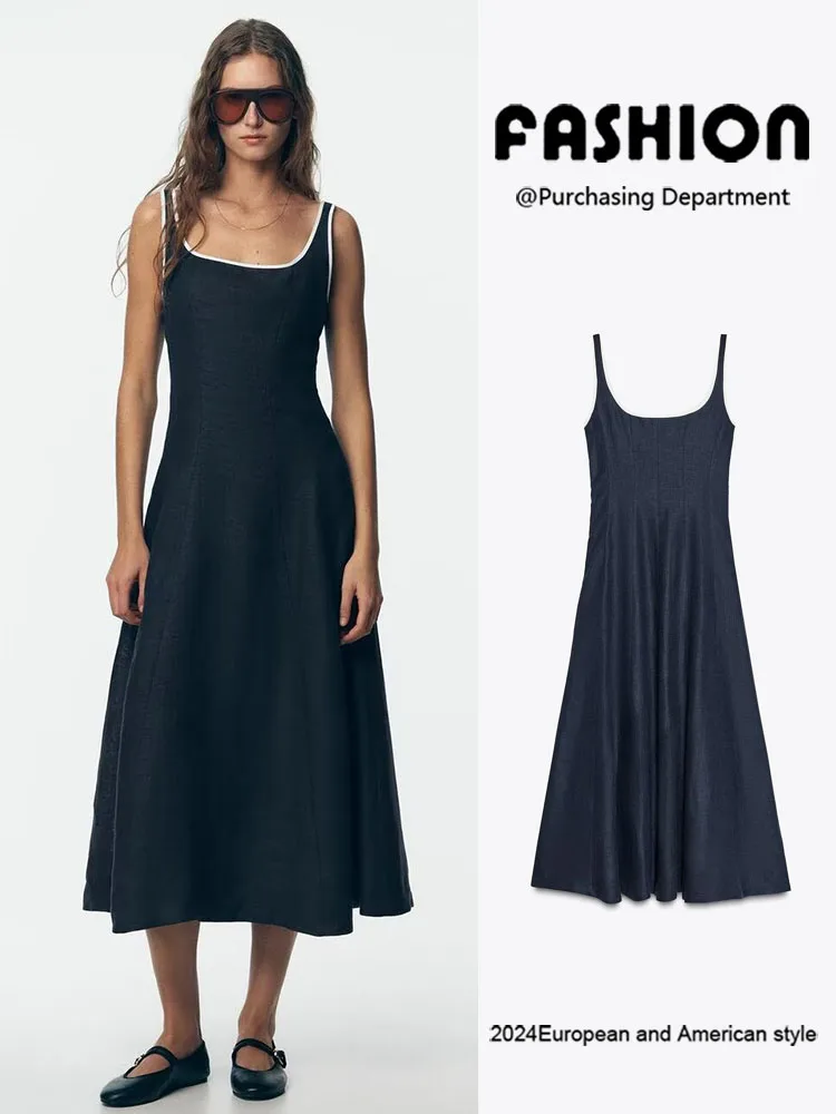 

Faionable Midi Dr ZA2025 Autumn New Women's Svel Strapl Color Blo Dr Ele Aosphere Casual Sle