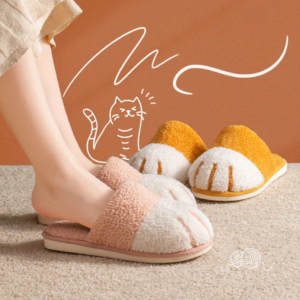 Plush Cat Paw Slippers Flat Thermal Slippers Anti Slip Fluffy Home Slippers Furry Closed Toe Slippers for Living Room Bedroom